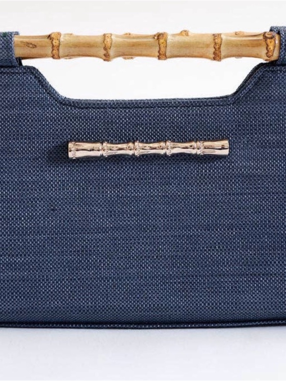 Lisa Lerch Navy Woven Straw Bamboo-Handle with Gold Bamboo Bar on one side